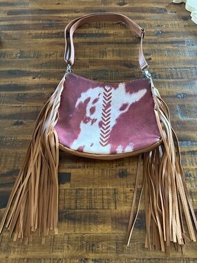 Fringe Cowhide Shoulder Bag in Rust and Cream
